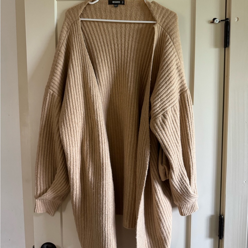 Missguided + Tan Ribbed Knit Cardigan